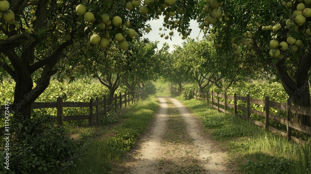 Tranquil Orchard Path: Serene Journey Along Fruit Trees with Rustic Fence - Cinematic Nature Scene Tranquil Orchard Path: Serene Journey Along Fruit Trees with Rustic Fence - Cinematic Nature Scene