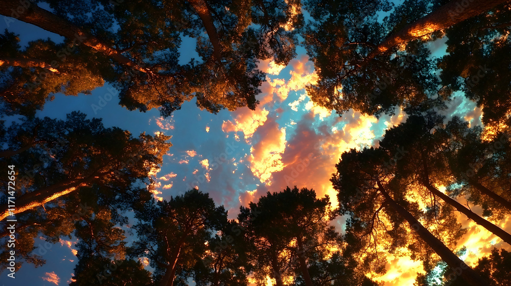 Sunset sky viewed from below tall pine trees. Sunset sky viewed from below tall pine trees.