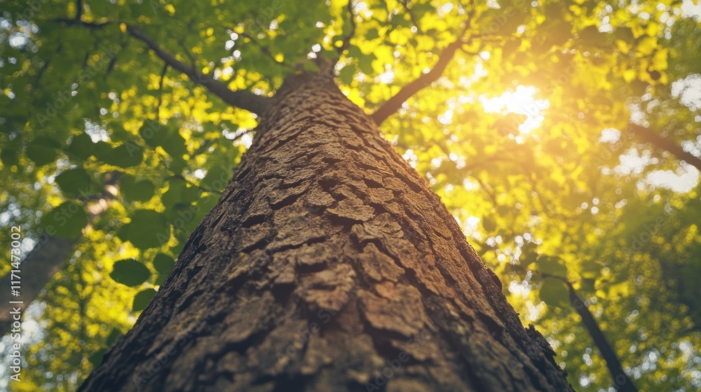 Fototapeta premium Low angle view of a large tree trunk in a sunlit forest.