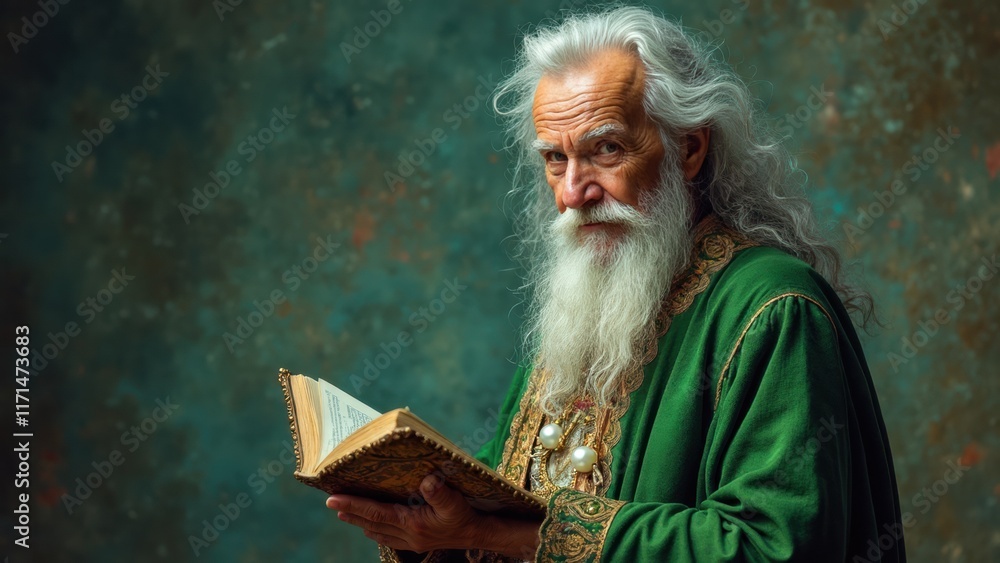 Fototapeta premium Man with a beard and white hair is reading a book