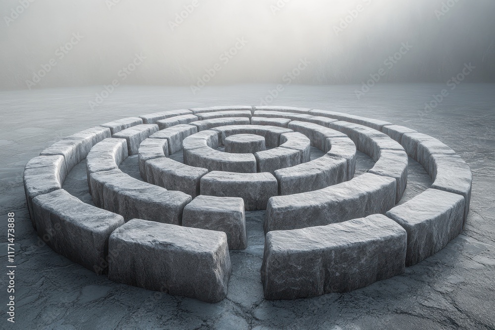 Intricate stone labyrinth surrounded by mist on a quiet, gray landscape at dawn. Generative AI Intricate stone labyrinth surrounded by mist on a quiet, gray landscape at dawn. Generative AI