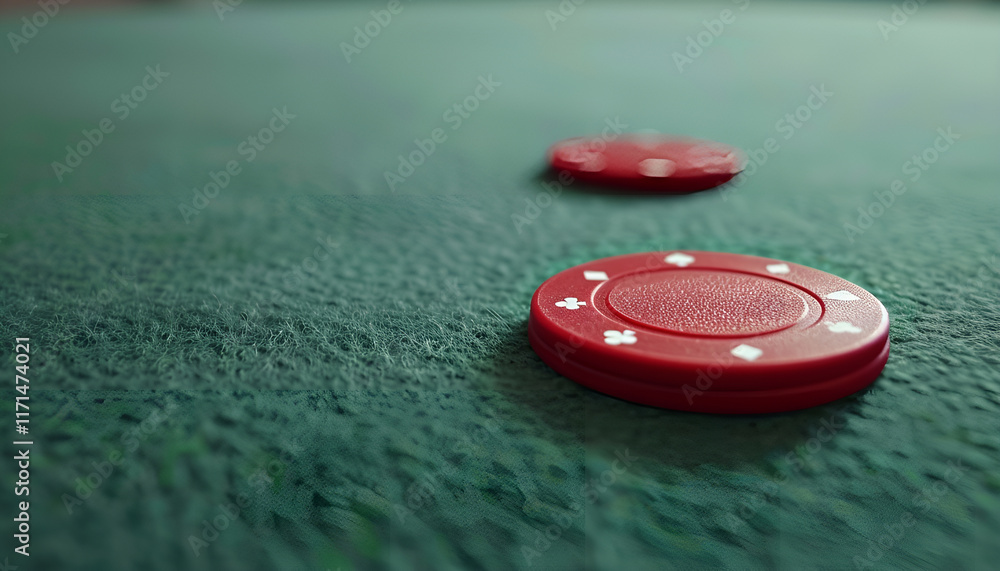 Poker chips on a green table, lay flat. Space for text Poker chips on a green table, lay flat. Space for text
