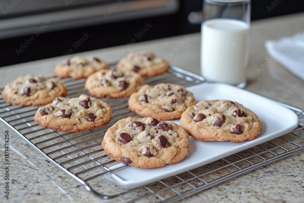Freshly baked chocolate chip cookies cooling on a rack with a glass of milk nearby in a cozy kitchen. Generative AI Freshly baked chocolate chip cookies cooling on a rack with a glass of milk nearby in a cozy kitchen. Generative AI