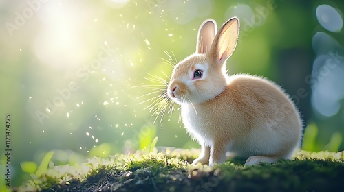 Enchanting scene of a rabbit hopping through a vibrant glowing meadow with a mesmerizing luminescent holographic effect  The rabbit s soft photo