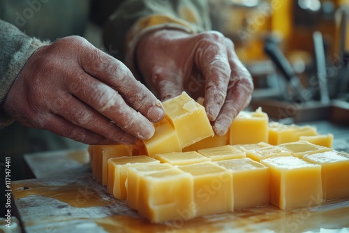 Skilled artisan shapes fresh soap bars in a workshop, showcasing traditional craftsmanship and attention to detail. Generative AI