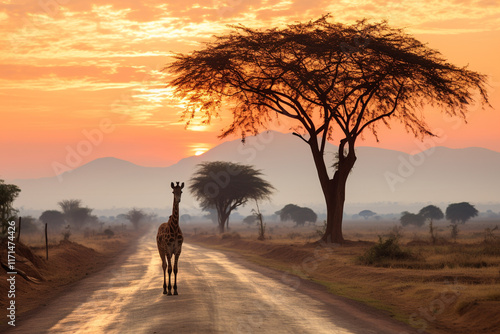 ethereal beauty of Kenyan savanna at twilight, with its majestic Mount Kilimanjaro looming in distance, expansive plains stretching as far as eye can see, and a profound harmony between earth and heav photo