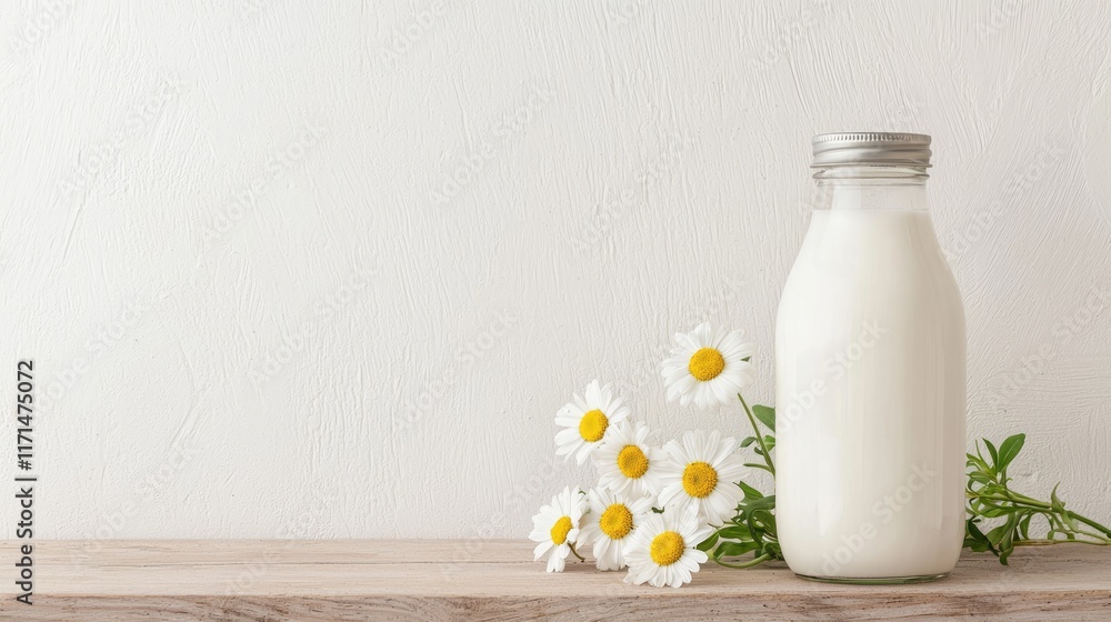 Organic Fresh Cow's Milk in Glass Bottle on Rustic Wooden Shelf with Daisies - Cinematic Dairy Farm Scene Organic Fresh Cow's Milk in Glass Bottle on Rustic Wooden Shelf with Daisies - Cinematic Dairy Farm Scene