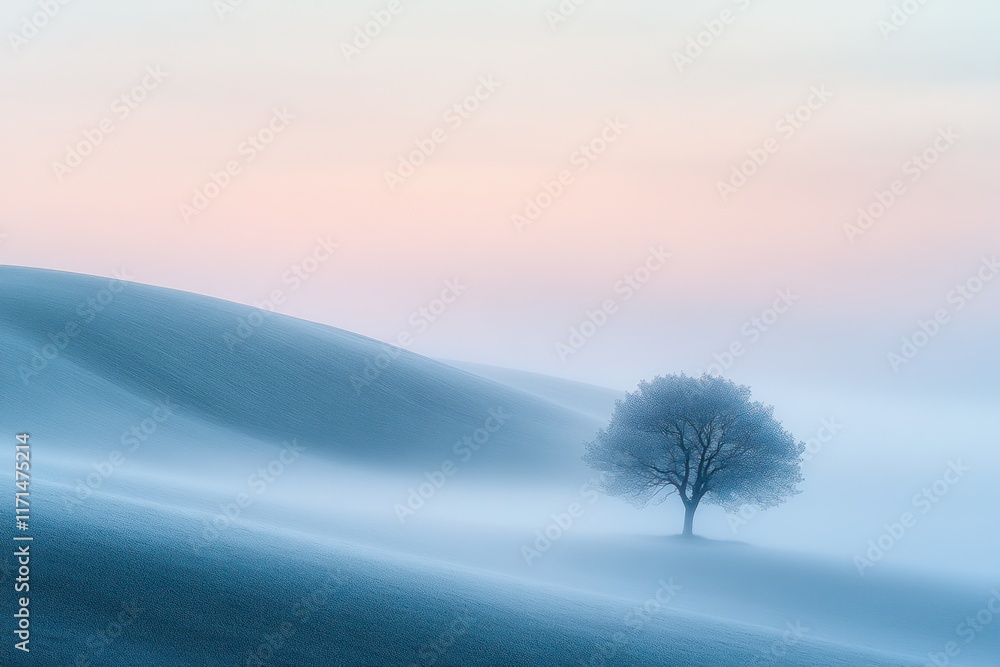Misty morning landscape featuring a lone tree on rolling hills at dawn light. Generative AI