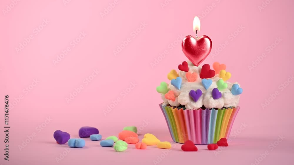 Valentines day festive. Cupcake with rainbow hearts and candle on pink background. Concept for celebrations of diverse people around the world. Valentines day festive. Cupcake with rainbow hearts and candle on pink background. Concept for celebrations of diverse people around the world.