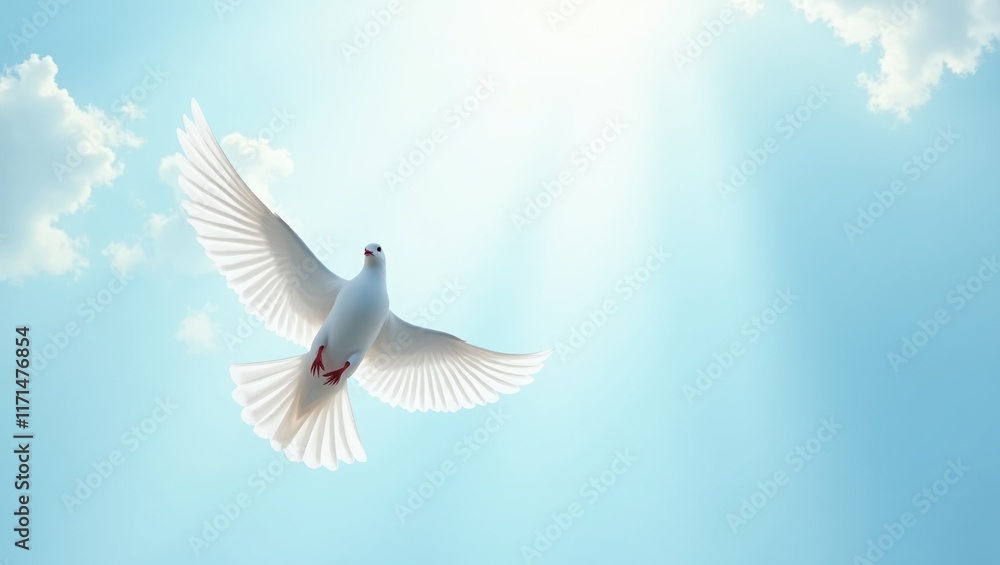 Obraz premium Dove soaring in a serene blue sky, a symbol of peace and freedom