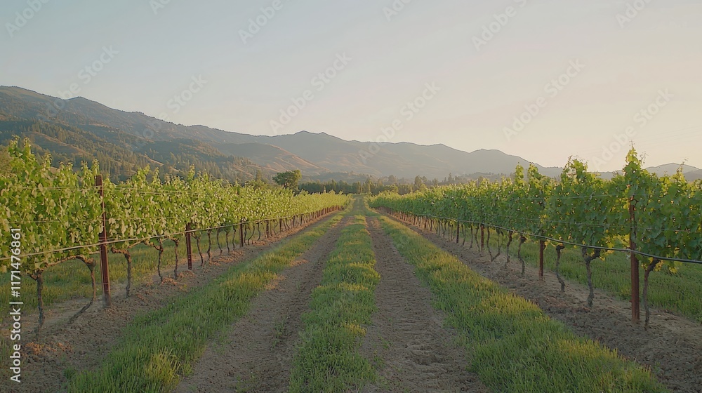 Naklejka premium Golden Hour Glow in Vineyards: Serene Landscape of Newly Planted Vines with Sunlit Trellises and Rolling Hills in Background - Cinematic Scene