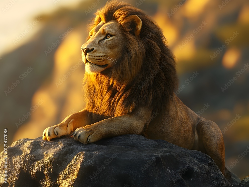 Obraz premium A golden lion sitting on a rock and looking