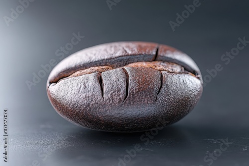 Masterful details of a single roasted coffee bean resting on a sleek surface photo