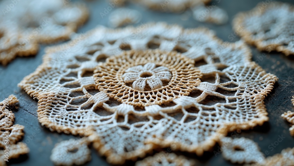 Obraz premium Intricate lace doilies on rustic wooden surface