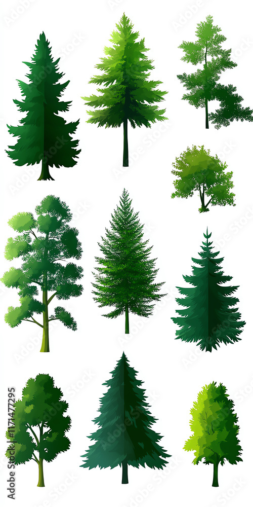 Fototapeta premium Various green trees isolated on a white background, showcasing different types and shapes.