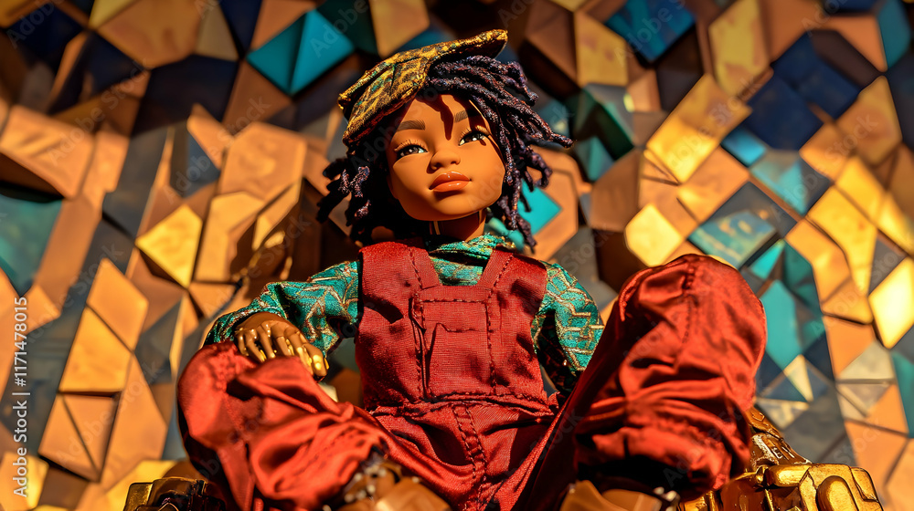 Obraz premium A stylish doll sits majestically on a throne against a geometric backdrop.