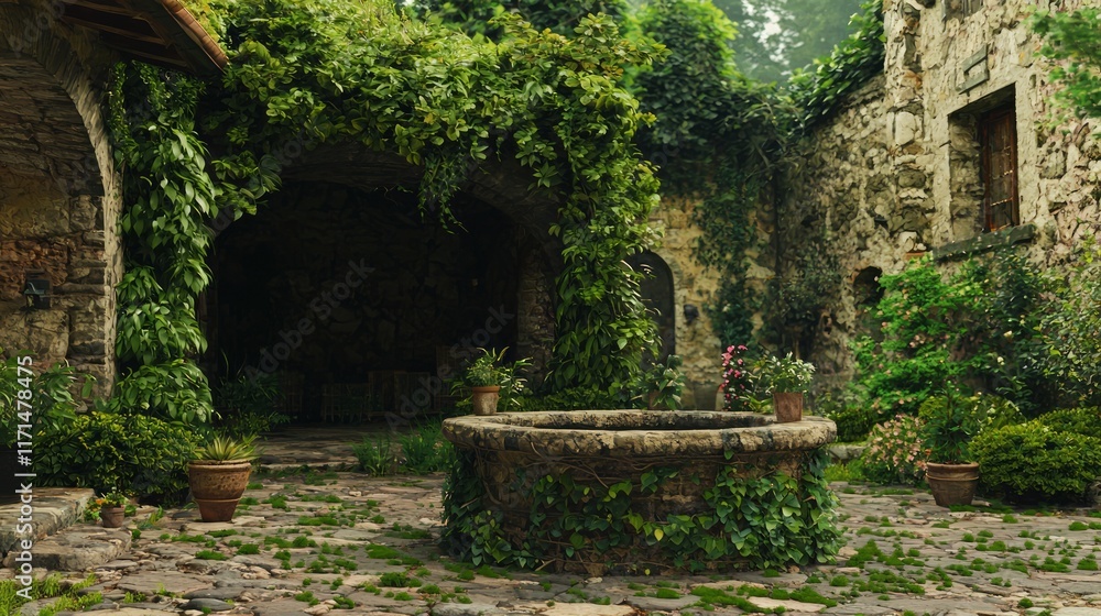 Enchanting Ivy-Covered Stone Well in Farm Courtyard with Potted Flowers - Cinematic Ultra-Detailed Image Enchanting Ivy-Covered Stone Well in Farm Courtyard with Potted Flowers - Cinematic Ultra-Detailed Image