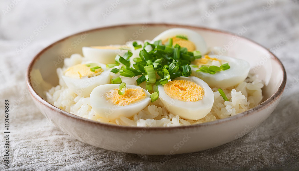 Savory rice with sliced boiled eggs and chopped green onions in bowl. Tasty dish. Delicious food. Savory rice with sliced boiled eggs and chopped green onions in bowl. Tasty dish. Delicious food.