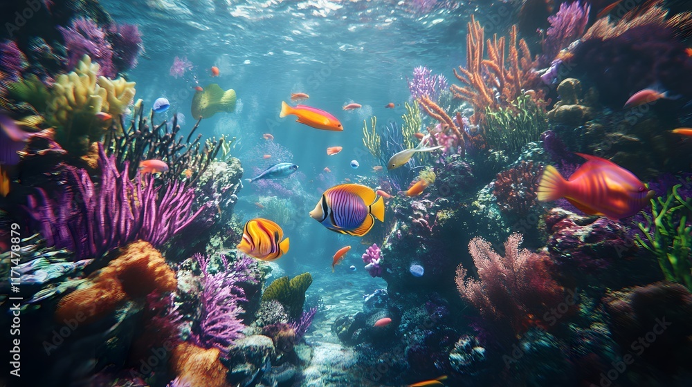 Fototapeta premium A group of colorful tropical fish in a coral reef
