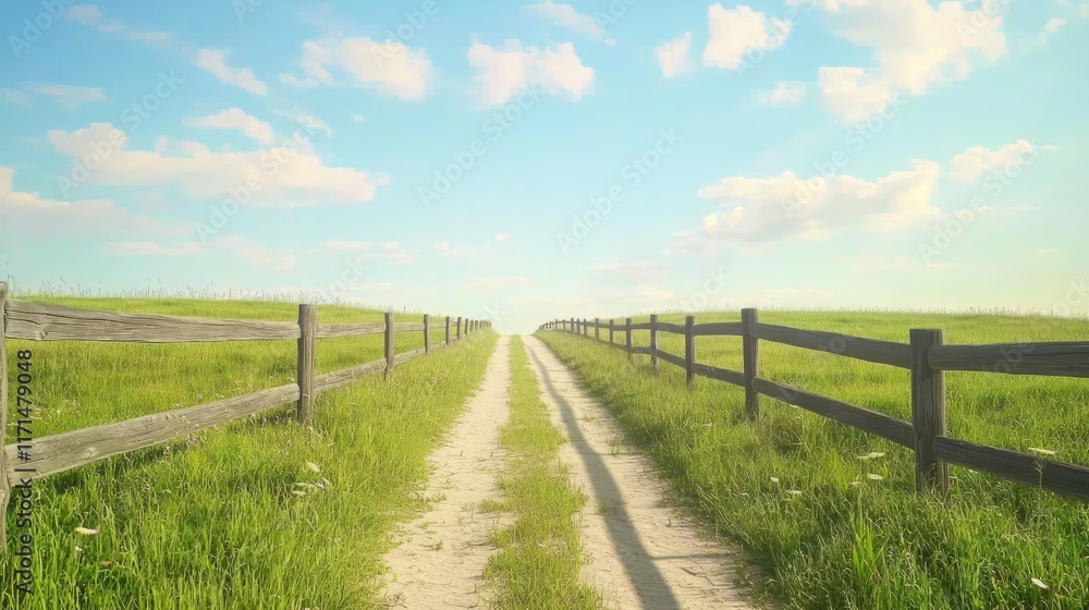 Rustic Wooden Fence Dividing Vast Pastures under Clear Blue Sky - Cinematic Rural Scene Rustic Wooden Fence Dividing Vast Pastures under Clear Blue Sky - Cinematic Rural Scene
