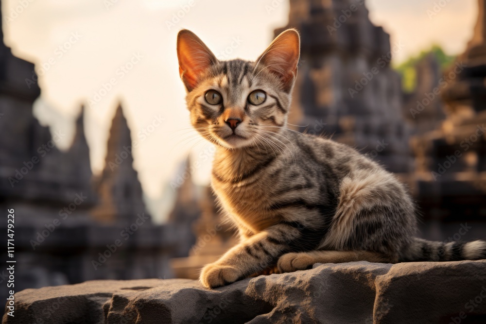 Portrait of a cute javanese cat over backdrop of ancient ruins Portrait of a cute javanese cat over backdrop of ancient ruins