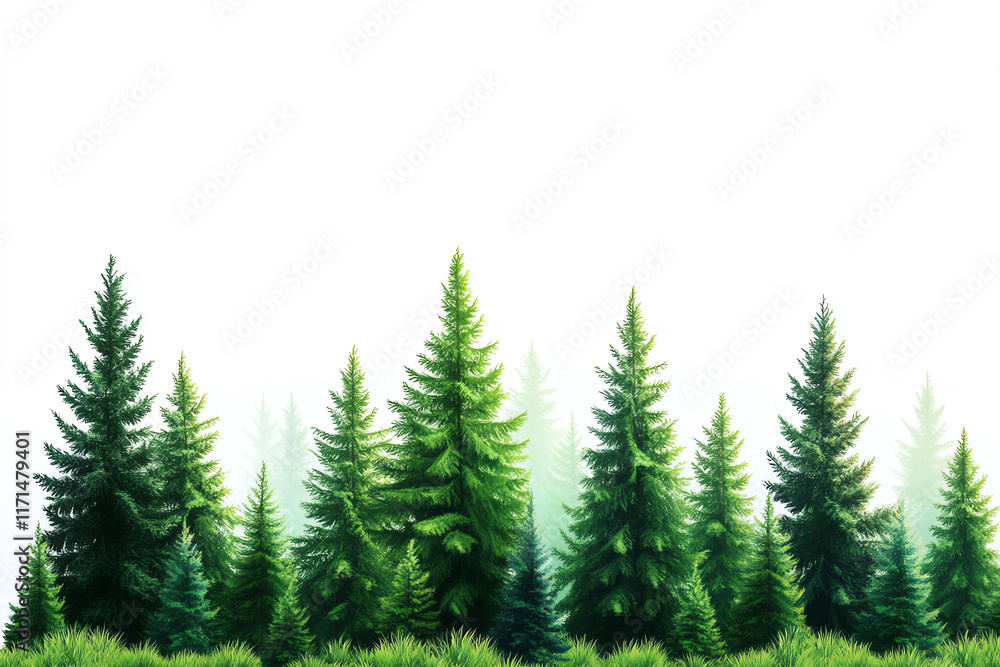 A lush row of evergreen trees showcasing beautiful green hues against a white isolated background. A lush row of evergreen trees showcasing beautiful green hues against a white isolated background.