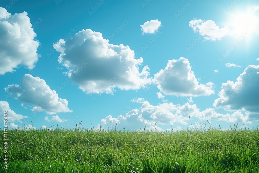 Obraz premium Tranquil Green Field Under Clear Sky with Fluffy Clouds on a Sunny Day