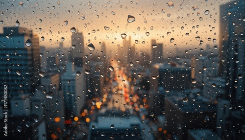 A rainy cityscape viewed through a window, with droplets cascading down the glass and blurred city lights in the background.