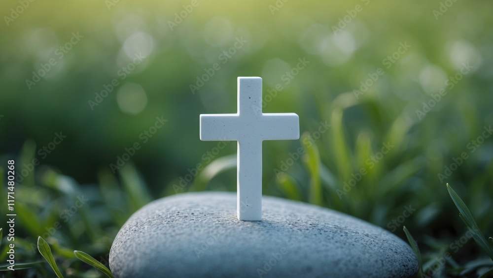 White Cross on Stone in Tranquil Nature White Cross on Stone in Tranquil Nature