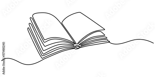 One line drawing of opened book isolated on white background, Continuous one line drawing of opened book. Book outline vector illustration. Editable stroke,  Education, idea, school concept single. 