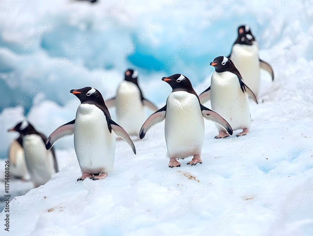 Fototapeta premium A group of penguins waddling across an ice surface