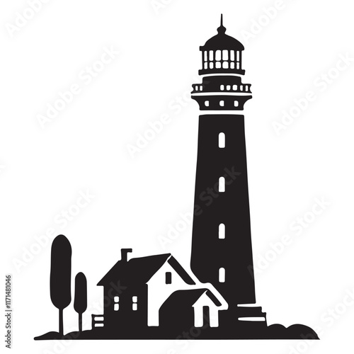 Lighthouse and Houses Silhouette Vector Illustration