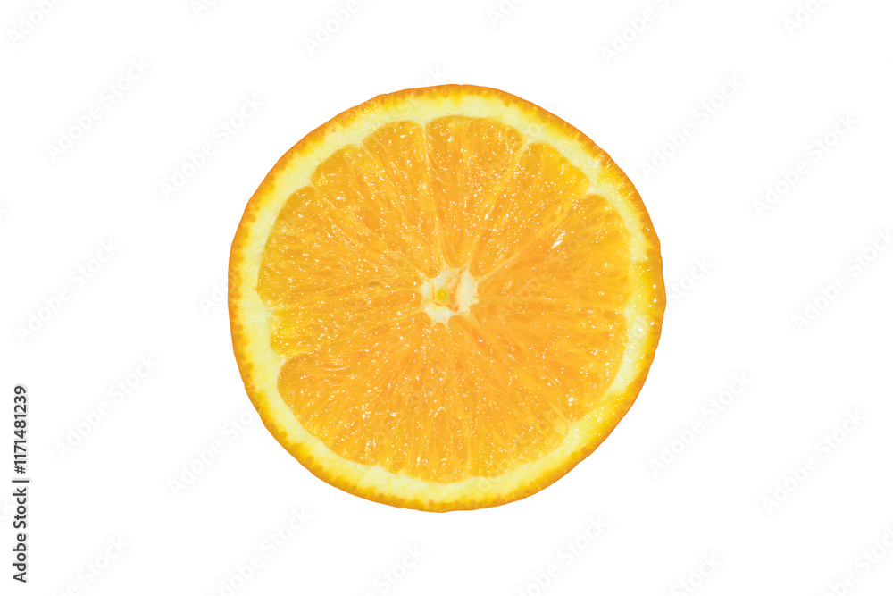 Orange slice isolated on a white background. Fresh citrus fruit half. Ideal for food designs, health concepts, refreshing summer themed, Fruit design elements, Cut out, PNG Orange slice isolated on a white background. Fresh citrus fruit half. Ideal for food designs, health concepts, refreshing summer themed, Fruit design elements, Cut out, PNG