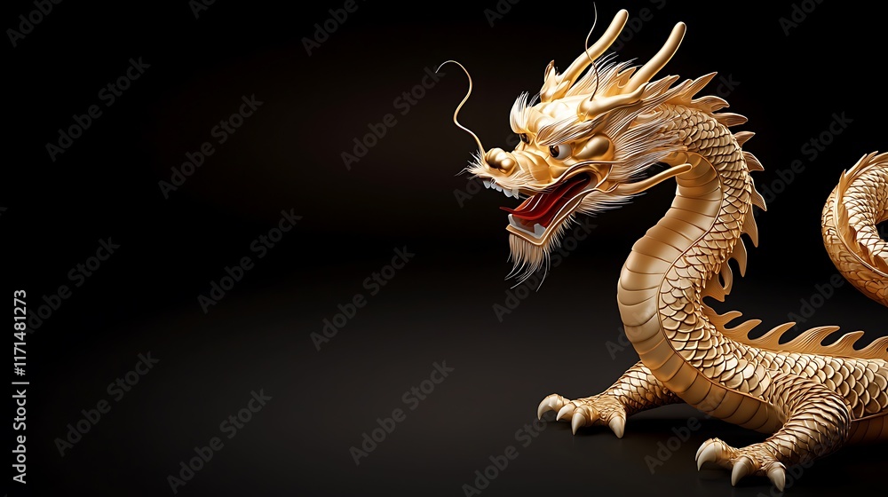 Obraz premium Majestic Golden Dragon Silhouette Glowing on Black Background in Chinese Zodiac Style Powerful Fierce and Mystical Mythical Creature with Serpentine Body