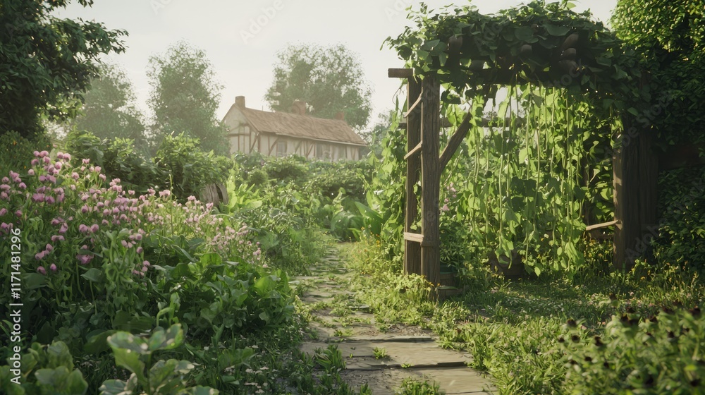 Serene Vegetable Garden with Sweet Peas Climbing Wooden Trellis and Farmhouse in Background Serene Vegetable Garden with Sweet Peas Climbing Wooden Trellis and Farmhouse in Background
