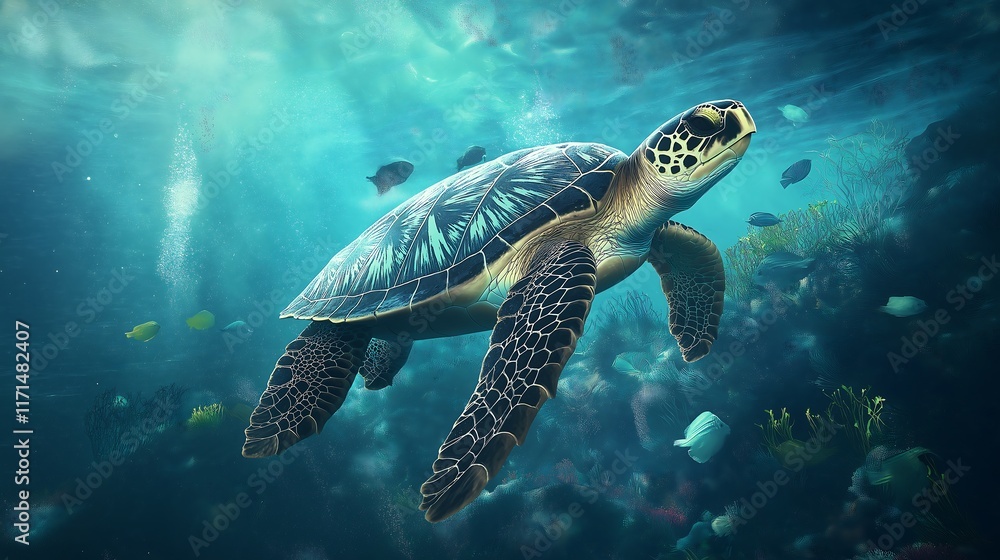 Sea turtle swimming through plastic waste in the ocean, symbolizing the threat of pollution to marine life. Sea turtle swimming through plastic waste in the ocean, symbolizing the threat of pollution to marine life.