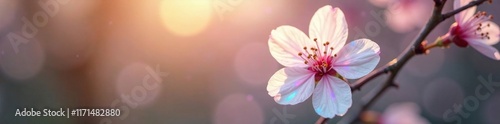 A single white cherry blossom with an iridescent rainbow stripe glowing softly in the morning light, , softly glowing cherry blossom