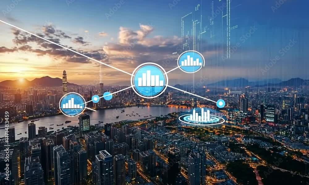 Sunset Cityscape Digital Data Flow Over River