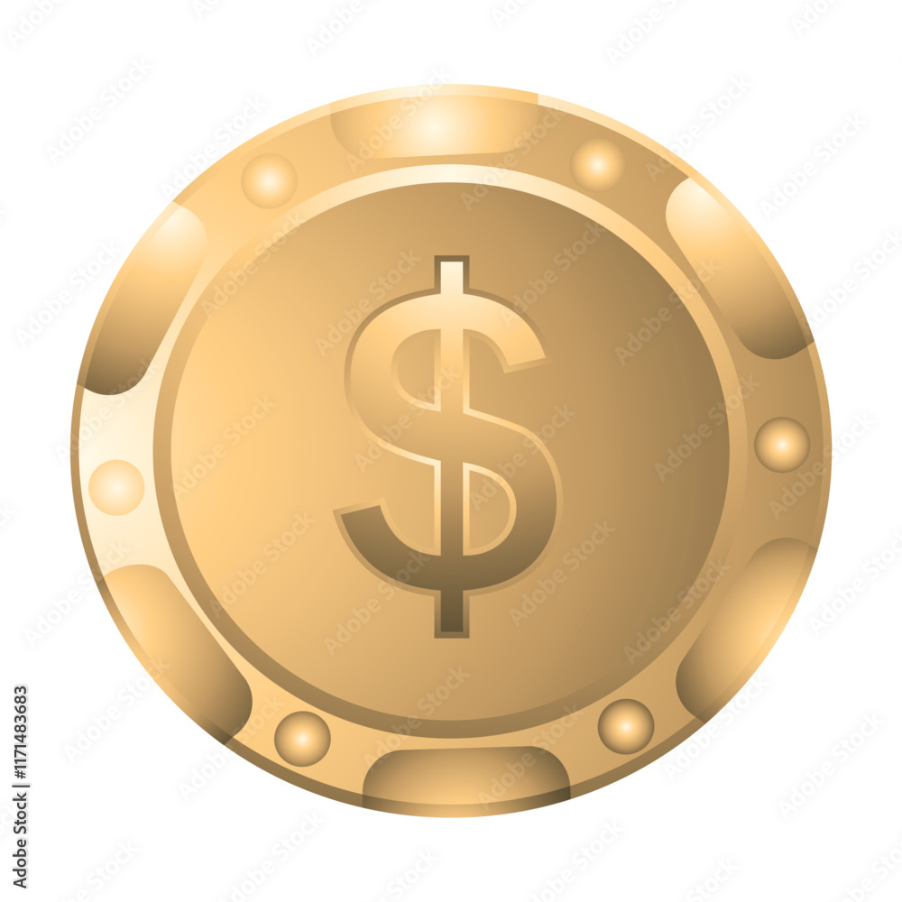 Gold coin with dollar sign on white background Gold coin with dollar sign on white background