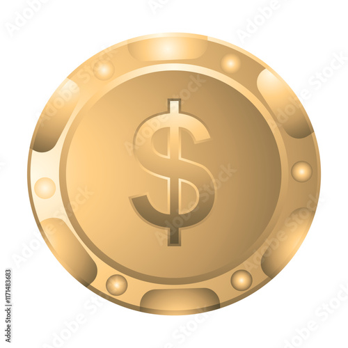 Gold coin with dollar sign on white background