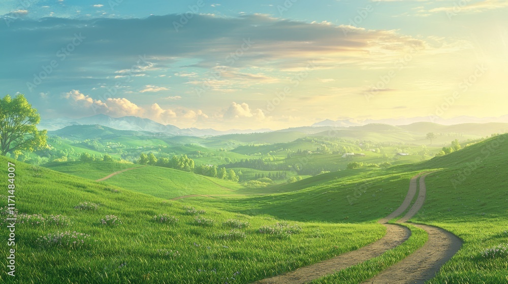 Fototapeta premium Serene Morning on Farmland: Tractor Tracks on Gentle Hills in Cinematic Light