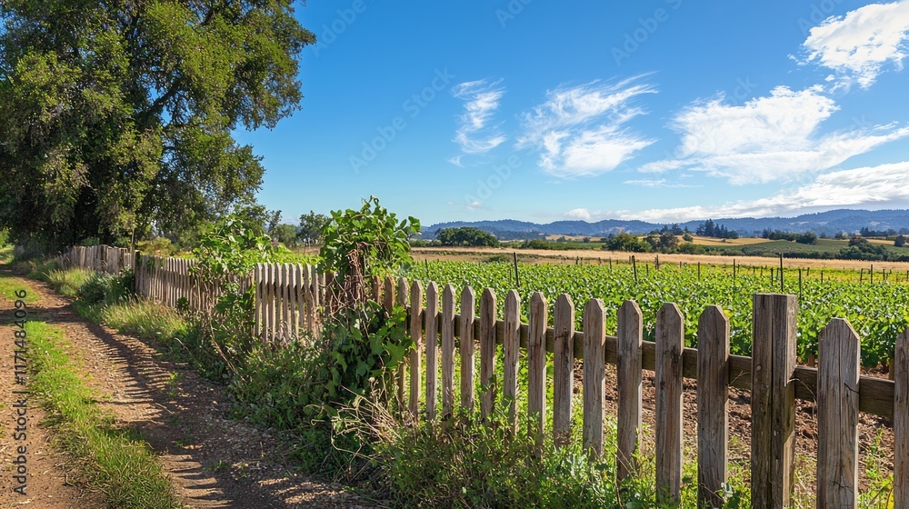 Obraz premium Serene Farmland: Wooden Picket Fence Covered in Climbing Vines Overlooking Lush Crop Fields Cinematic Scene