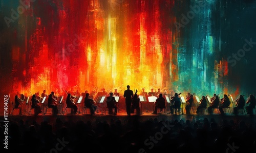Wallpaper Mural Orchestra performs, vibrant background, audience silhouetted. Torontodigital.ca