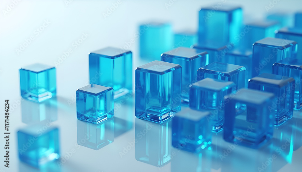 Obraz premium Transparent blue acrylic cubes scattered on a reflective surface with soft lighting
