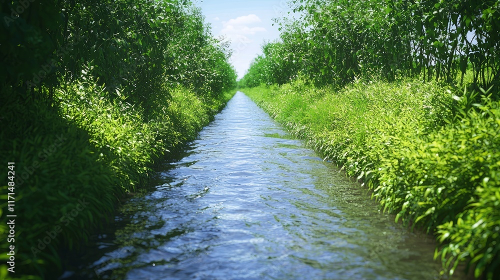 Fototapeta premium Serene Water Streams in Small Irrigation Canals Surrounded by Lush Greenery Under a Vivid Sky - Ultra-Detailed Cinematic Image