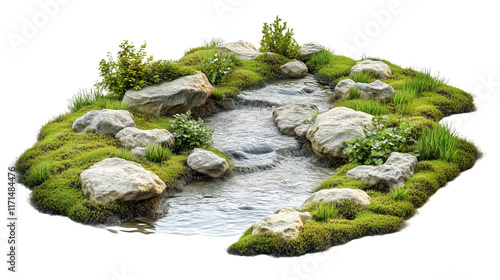 A tranquil forest river with water and rocks isolated on transparent background