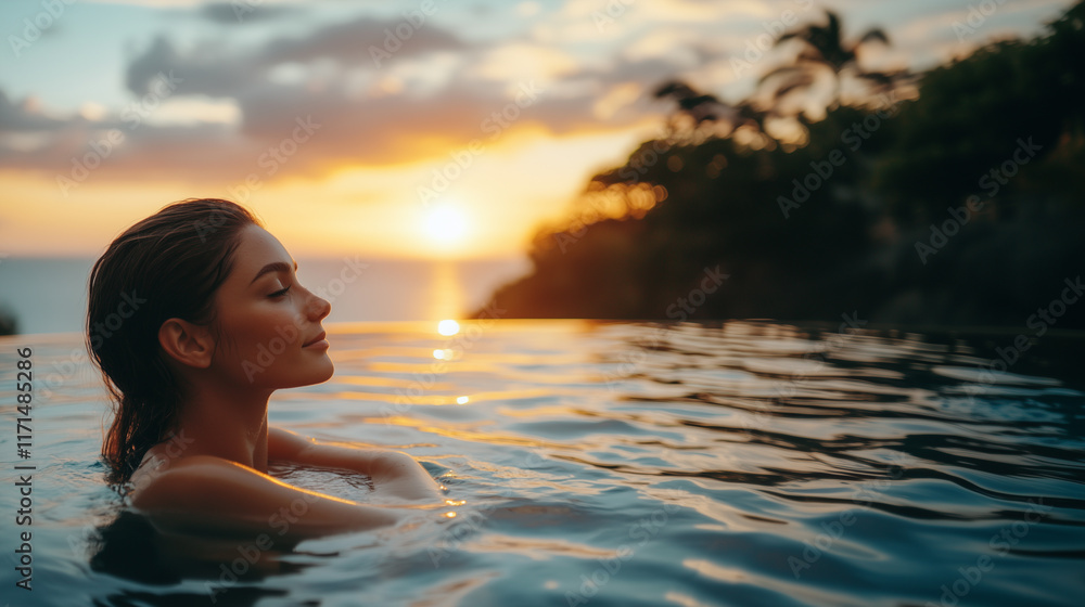 woman who is swimming in an infinity swimming pool, looking out over a breathtaking panoramic view of a tropical coastline woman who is swimming in an infinity swimming pool, looking out over a breathtaking panoramic view of a tropical coastline