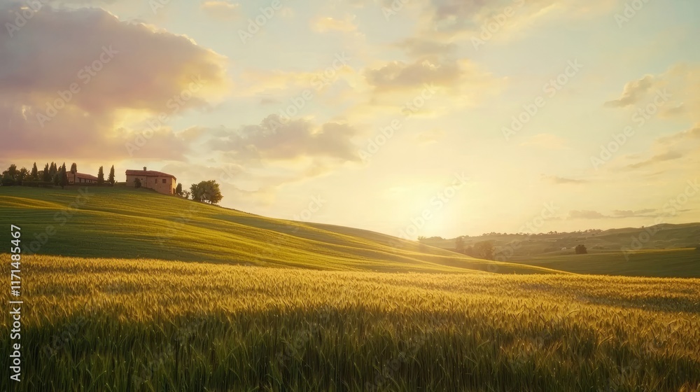 Obraz premium Tranquil Evening in the Golden Barley Fields - Cinematic Rural Landscape with Small Farmhouse on Horizon