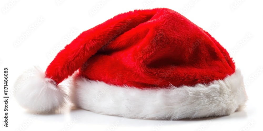 A vibrant red Santa hat, a quintessential Christmas accessory, isolated against a clean white background for your holiday imagery needs.