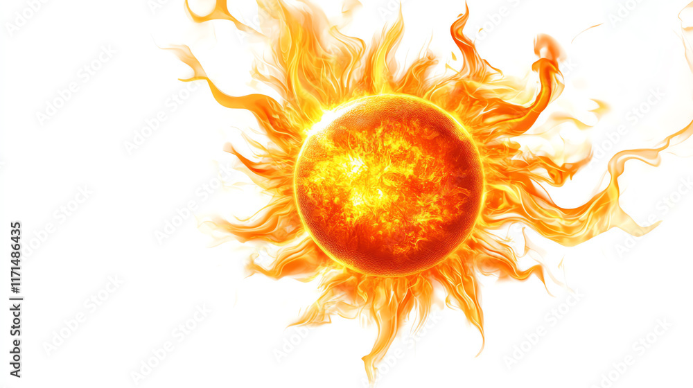 Naklejka premium Bright and vibrant sun illustration with fiery rays, isolated on a white background.